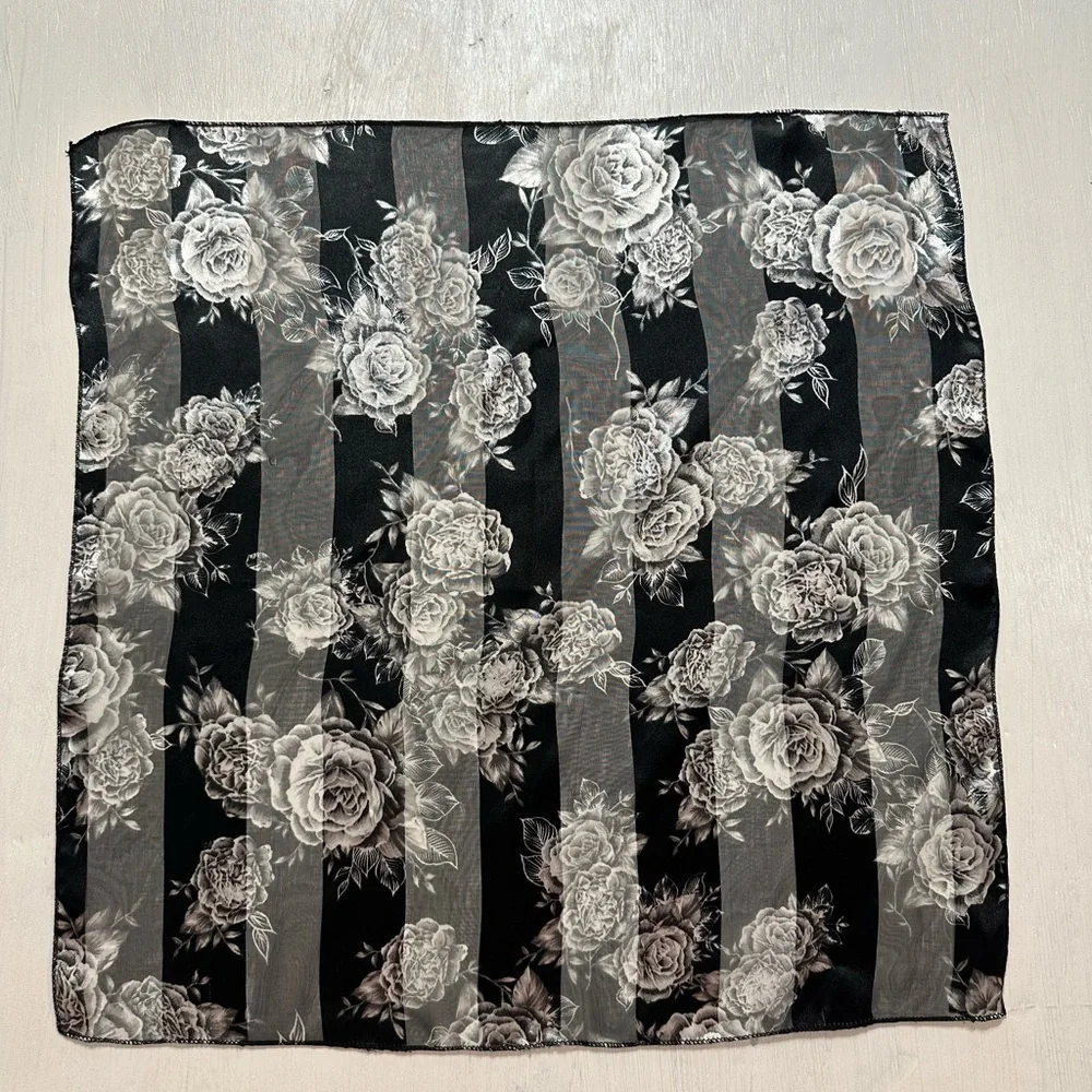 Vintage Korea Black Floral Striped Polyester Scarf 21x21” Square Rose Print